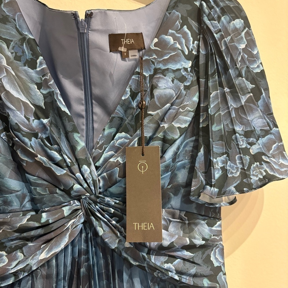 THEIA Mabella Blue Floral Pleated Satin Twist A-Line Gown Flutter NWT 2 - Picture 6 of 12